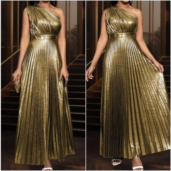 Luxe Metallic Pleated High Waisted Party Formal Wedding Dress - Picture 3 of 6